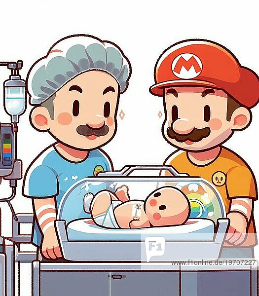 Illustration Darstellung Paar von Personen im Krankenhaus Neonatologie Pädiatrie kümmern sich um Neugeborene  Regenbogen Familien Konzept  Baby ai generiert