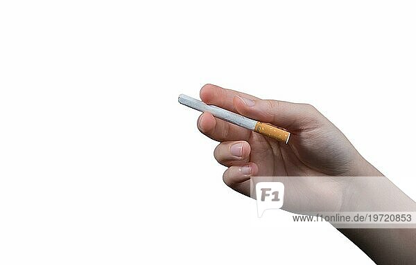 Tabakrauchabhängigkeit  ungesunde Lebensweise. Mit dem Rauchen aufhören  mit dem Rauchen aufhören oder keine Zigaretten rauchen. Hand hält Zigarette in der Hand. Schlechte Angewohnheit aufgeben