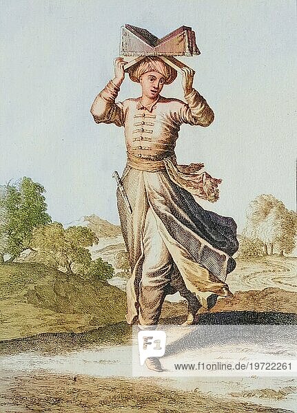 Traditional traditional costume  clothing  a Turk wearing the Atcoran  Koran  the holy scripture of Islam  around 1700  Ottoman Empire  Turkey  copperplate engraving by Caspar Luyken from 1703  digitally restored reproduction from an 18th century original  Asia