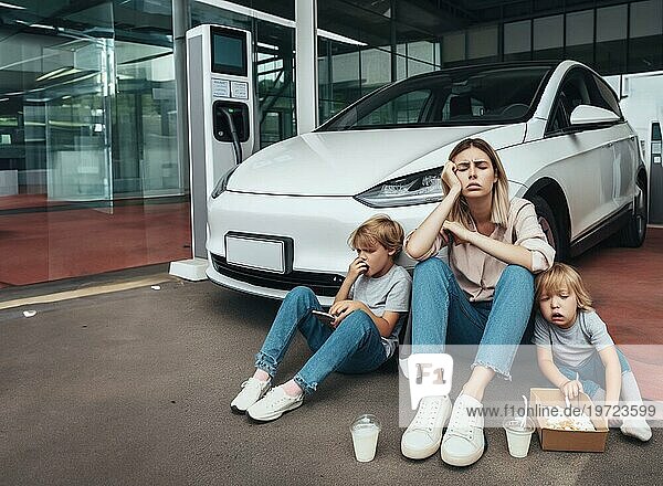 Sleepy gelangweilt Mutter und Kinder warten ev Elektro Hybrid Auto suv volle Ladung Batterie zu reisen Kunst ai generiert weiter
