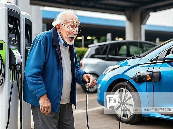 Sleepy gelangweilt Patient Senior Rentner Mann wartet ev Elektro Hybrid Auto Geländewagen zum Aufladen der Batterie  um weiter zu reisen Kunst ai erzeugt