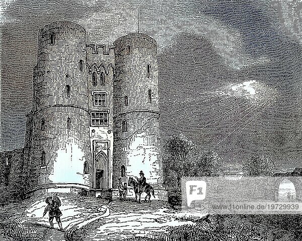 Fotheringhay Castle  Fotheringay Castle  was in the village of Fotheringhay  the north of the market town of Oundle  Northamptonshire  reproduction of a woodcut from the year 1880  digitally improved  was in the village of Fotheringhay  the north of the market town of Oundle  reproduction of a woodcut from the year 1880  digitally improved