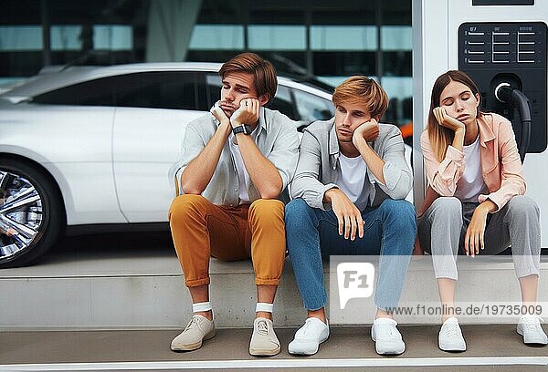 Sleepy gelangweilt geduldig junge kaukasische Freunde sitzen  warten ev Elektro Hybrid Auto suv  um die Batterie aufzuladen  um weiter zu reisen  Sommerzeit  Kunst ai erzeugt