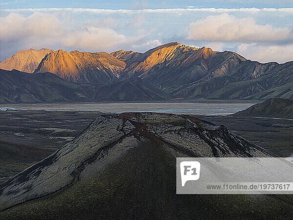 Aerial view taken by drone of little volcano in Landmannalaugar area on a summer day  Iceland  Polar Regions