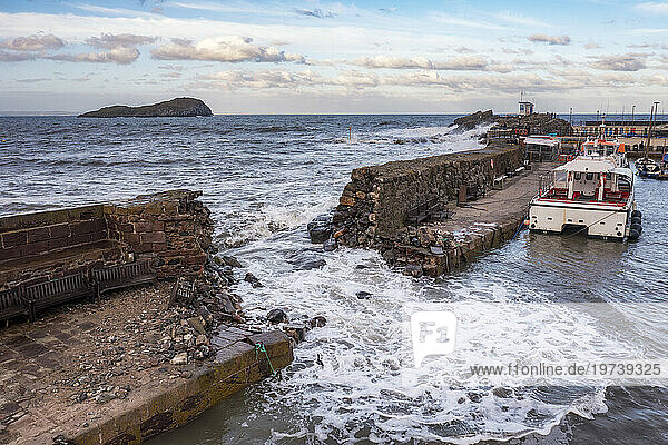 UK  Scotland  North Berwick  Breach in harbor sea defence wall after Storm Babet
