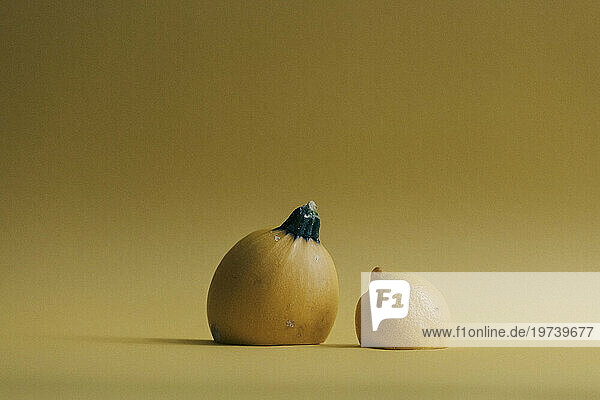Squash and lemon against yellow background