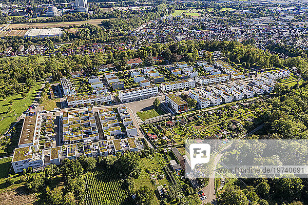 Germany  Baden-Wurttemberg  Esslingen  Aerial view of modern energy efficient suburb in summer