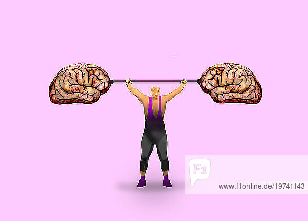 Person weightlifting brains against pink background