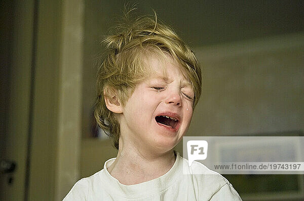 Portrait of a 4-year-old boy crying at his home; Lincoln  Nebraska  United States of America