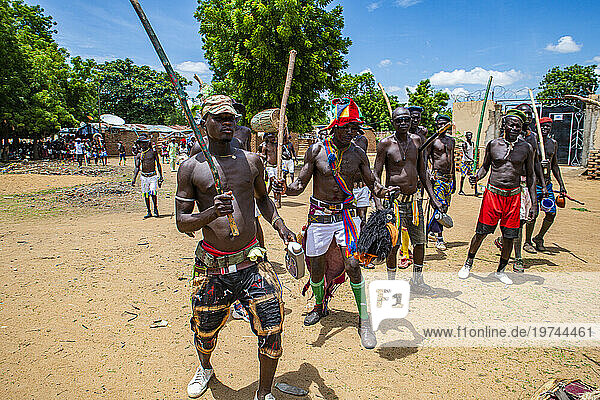 Men dancing at a tribal festival  Southern Chad  Africa