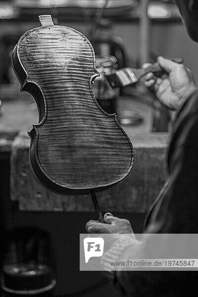 Senior Experte Geigenbauer Geigenbauer Lack mit Pinsel klassische handgemachte Geige Farbe natürlichen Zutaten Rezept in Cremona Italien Heimat der besten Handwerker dieser Art  selektiver Fokus  Bokeh  monochrome