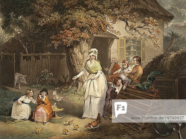 Szene auf einem Bauernhof in England  Frau füttert Hühner  Familie mit Kindern vor dem Bauernhaus  Landwirtschaft  ländliche Szene  Idyll  1796  Gemälde von James Ward  Historisch  digital restaurierte Reproduktion von einer Vorlage aus dem 19. Jahrhundert