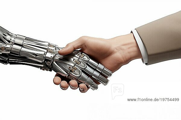 Händedruck zwischen einer menschlichen Hand und einer Roboterhand aus Metall. Das Bild symbolisiert Partnerschaft  Vertrauen und Zusammenarbeit zwischen Menschen und KI Technologie