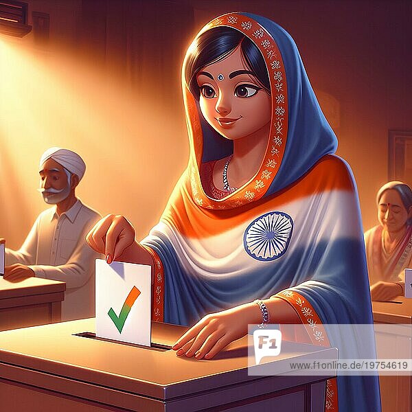 Indischer Bürger bei der Stimmabgabe in der Wahlurne bei den Parlamentswahlen. KI Generiert