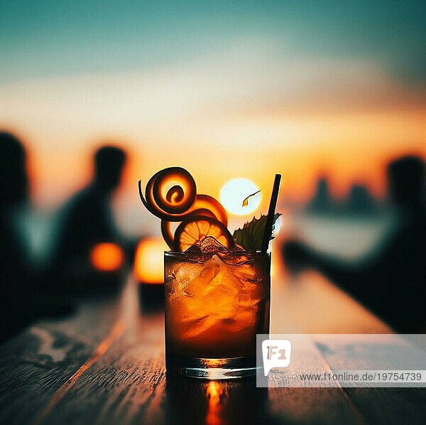 Illustration eines Cocktail Getränks in einer Bar im Freien Pub bei Sonnenuntergang  schummriges warmes Licht  selektiver Fokus  unerkennbare Menschen Bokeh ai generiert