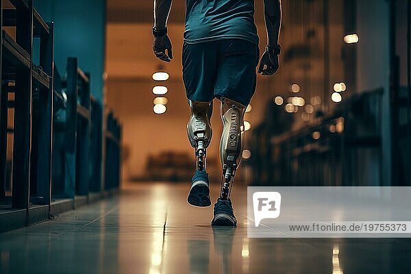 Amputierter Sportler  der mit einer bionischen Beinprothese mit Robotertechnik durch einen Korridor läuft. Fortschritte in der medizinischen Wissenschaft und Technik  Entschlossenheit  Stärke  Fortschritt der Behinderten