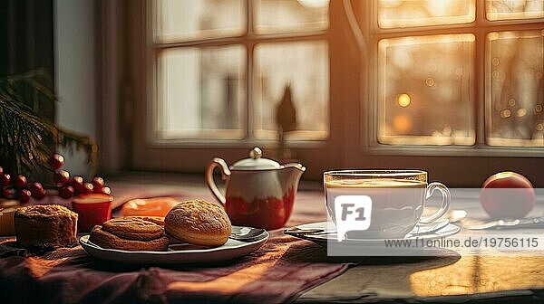 Tasse Kaffee und Kekse auf einem Tisch am Fenster. Bokeh Lichter auf Hintergrund AI generiert