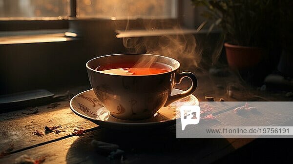 Eine Tasse heißer Tee auf einem Holztisch in den Strahlen der Morgensonne Ai erzeugt