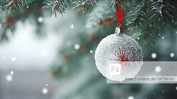 Weihnachtskugel auf einem Baum. rote Weihnachtskugel auf Fichtenzweig. Weihnachtskugel Nahaufnahme. selektiver Fokus AI generiert