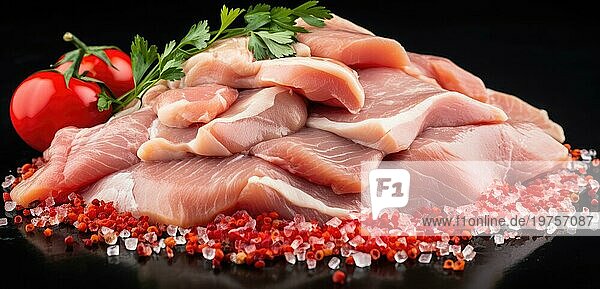 Frisches rohes Schweinefleisch mit Gewürzen und Kräutern auf einem schwarzen Hintergrund Ai erzeugt