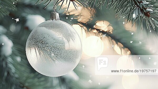 Weihnachtsbaumschmuck  weiße transparente Weihnachtskugel. Weihnachtskarte. Selektiver Fokus  Nahaufnahme AI generiert