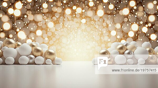 Weiße und goldene Weihnachtskugeln mit Bokeh Hintergrund. Platz für Text. Weihnachten Hintergrund AI generiert