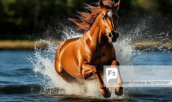 Schöne braune Pferd galoppiert im Wasser auf sonnigen Tag  Bewegungsunschärfe Ai generiert