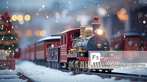 Weihnachten Spielzeug Zug in den Schnee. Weihnachten und Neujahr Hintergrund AI generiert