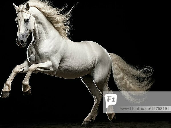 Schöne weiße Pferd in Bewegung auf schwarzem Hintergrund Ai generiert