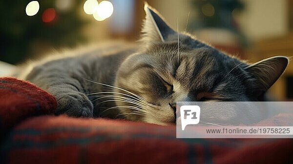 Süße Katze schläft auf dem Sofa zu Hause  Nahaufnahme. Liebliches Haustier Ai erzeugt