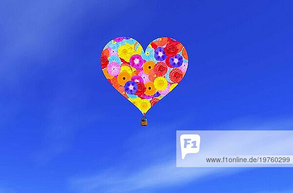 Grafikdesign  ein Heißluftballon  Form Herz  schwebt am blauen Himmel