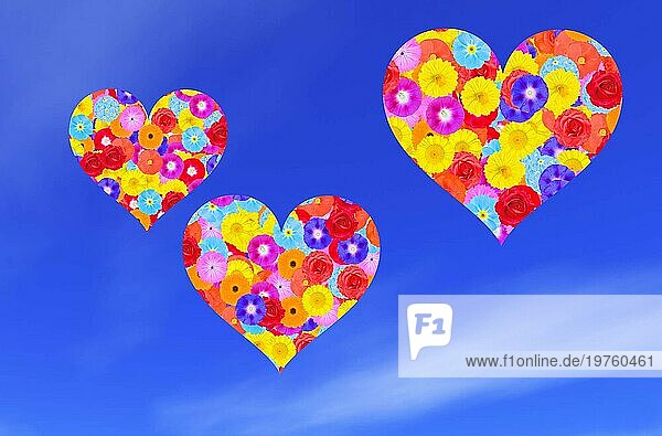 Drei Herzen im Himmel  farbenfroh  sommerlich  Grafikdesign  Illustration  Blumen gegen blauen Himmel