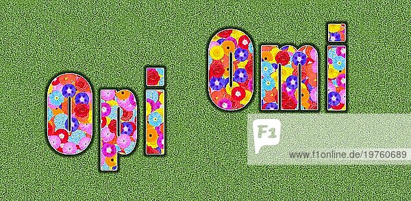 Worte Opi und Omi ausgeschrieben  Großvater  Großmutter  farbenfroh  viele Blumen  sommerlich  Grafikdesign  Illustration  Hintergrund grün  Kindersprache
