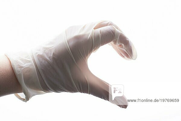 Steriler Schutzhandschuh. Handschuh an der Hand. Coronavirus Covid19 Pandemiekonzept