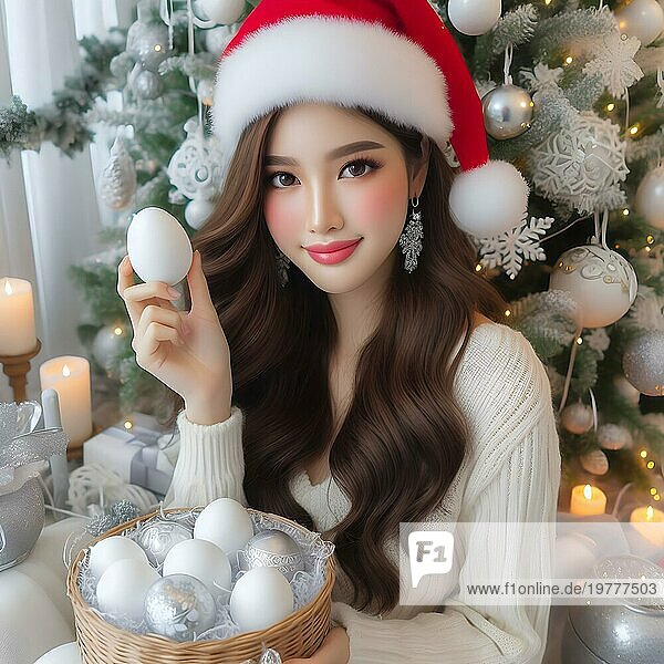 Porträt einer jungen fröhlichen Frau mit roten Lippen und lockigem Haar in einem Strickpullover lächelt und hält ein dekoriertes Osterei neben einem geschmückten Weihnachtsbaum an einem Feiertag im Dezember. AI Generiert