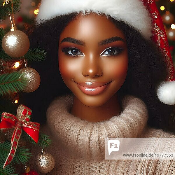 Porträt einer jungen  fröhlichen Frau mit roten Lippen und lockigem Haar in einem Strickpullover  die lächelt und eine rote Weihnachtskugel hält  mit der sie ihre Augen bedeckt  vor dem Hintergrund eines weihnachtlich geschmückten Weihnachtsbaums an einem Feiertag im Dezember. AI Generiert