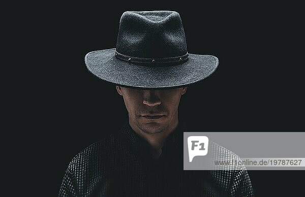 Dramatisches Porträt eines Mannes mit Hut. Mafia Stil. Gangster Chicago. Gemischte Medien