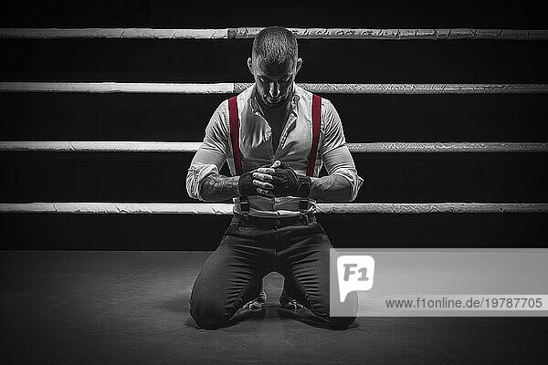 Ein brutaler männlicher Kämpfer kniet im Ring. Er betet vor dem Kampf. Das Konzept der Faustkämpfe. Gemischte Medien