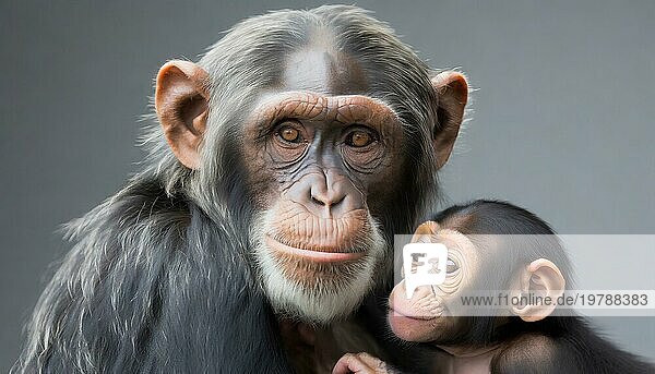 Tierporträt  Ein weiblicher Schimpanse in zärtlichem Kontakt mit einem Jungtier  einem Schimpansenbaby  KI generiert