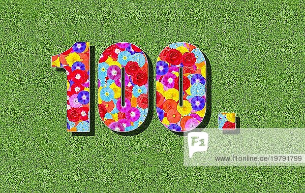 Ordnungszahl  100.  hundertster  einhundertster  einhundert  hundert  als Grafik  Illustration  Nummer  mit bunten Blumen auf grünem Hintergrund  Jubiläum  Jahre