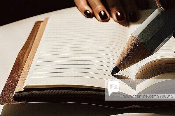 Ein großer Bleistift steht auf einem Blatt eines Notizbuches. Konzept eines Geschäftsgesprächs. Gemischte Medien