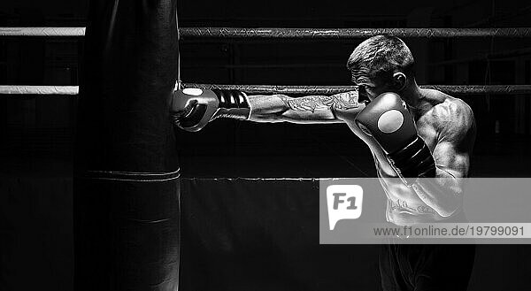 Ein Kickboxer schlägt auf den Sandsack. Die Ausbildung eines Profisportlers. Das Konzept von MMA  Wrestling  Muay Thai.