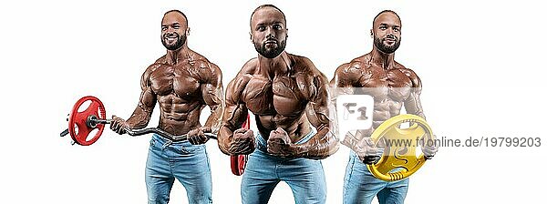 Set von drei sexy muskulösen Männern. Posieren auf einem weißen Hintergrund mit Hanteln und Langhanteln. Bodybuilding und Fitness Konzept. Gemischte Medien