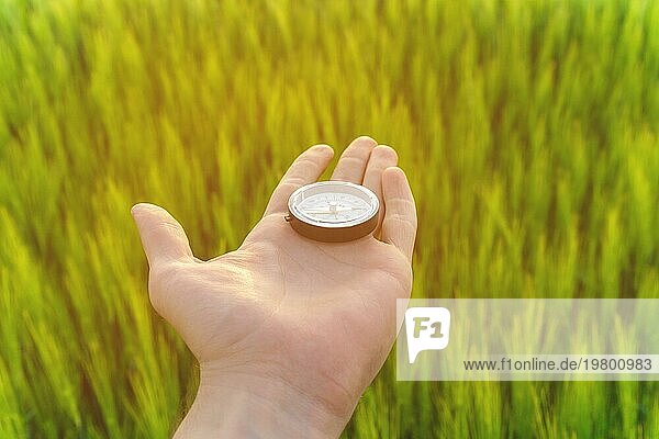 Orientierungssuche in der Natur auf einem Weizenfeld. Die Hand eines Mannes hält einen Kompass