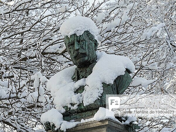 Winterstimmung  verschneites Denkmal  Peter-Tunner-Denkmal  Detail  Peter-Tunner-Park  Leoben  Steiermark  Österreich  Europa