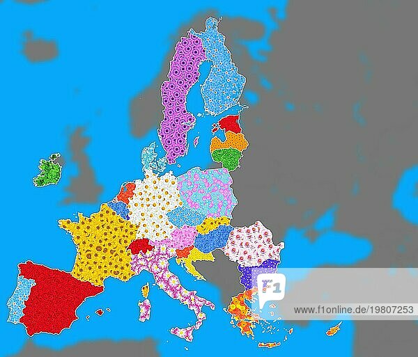 Karte der Europäischen Union  EU  die Mitgliedsländer  Länder mit verschiedenen Blumen gekennzeichnet. Atlas  Grafik  Symbol für grüne Umweltpolitik
