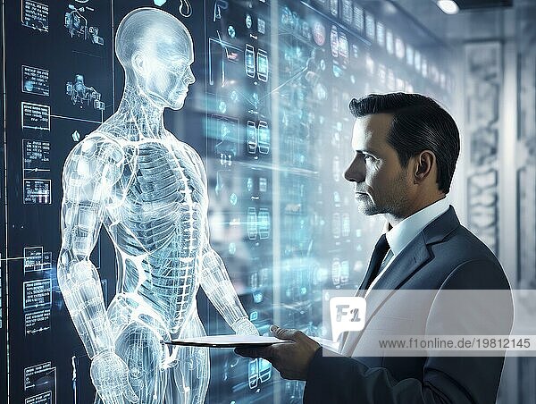 Menschlicher Körper  ein Mann steht vor dem Schaubild eines künstlichen menschlichen Körpers  Illustration  Mikrochip  Transhumanismus  Symbolfoto. KI generiert