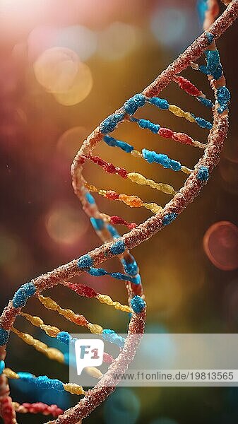 Von künstlicher Intelligenz erzeugtes DNA Molekül. Chemische Struktur der DNA. Chemisches und biologisches Unterrichtskonzept. AI generiertes Bild