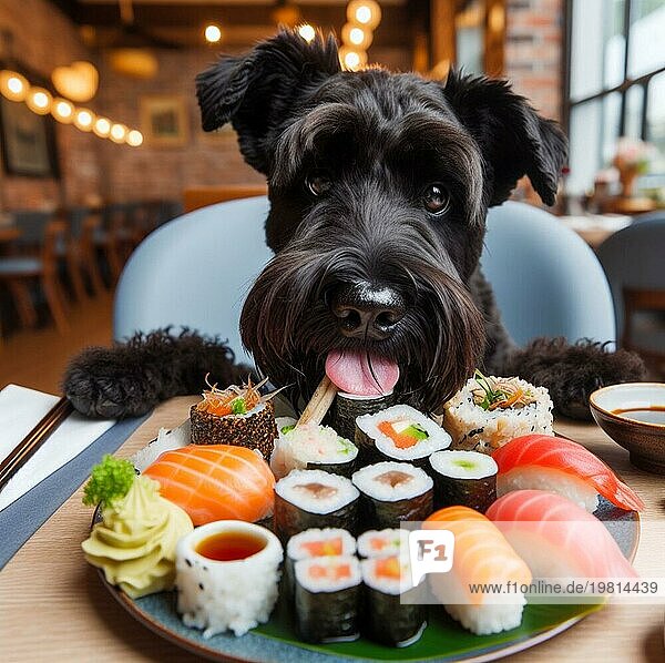 Anthropomorphic lustig schwarz Terrier Wasser Hund essen Sushirollen und Sashimi im asiatischen Restaurant für Geburtstagsfeier ai generiert