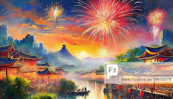 Chinesische Altstadtszene mit einer Stadt im Hintergrund  die das neue Jahr mit einem Feuerwerk am Himmel feiert. Ai generiert Kunst